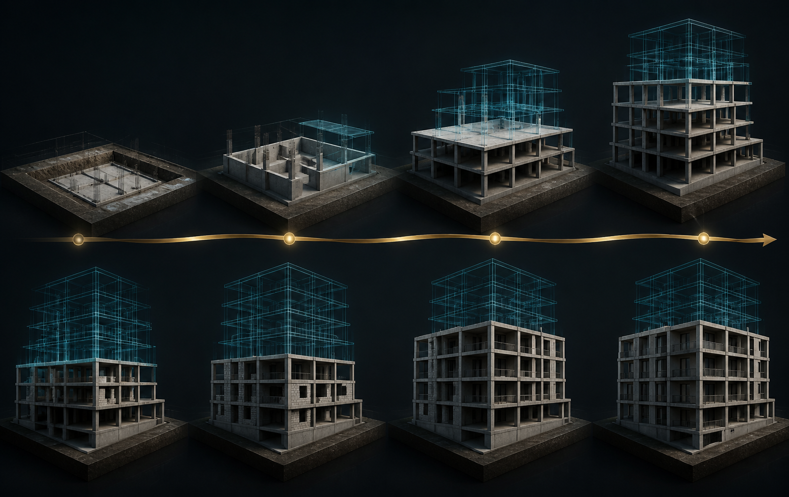 4D-Visualisierung eines Bauablaufs in mehreren Bauzuständen vom Fundament bis zum Rohbau